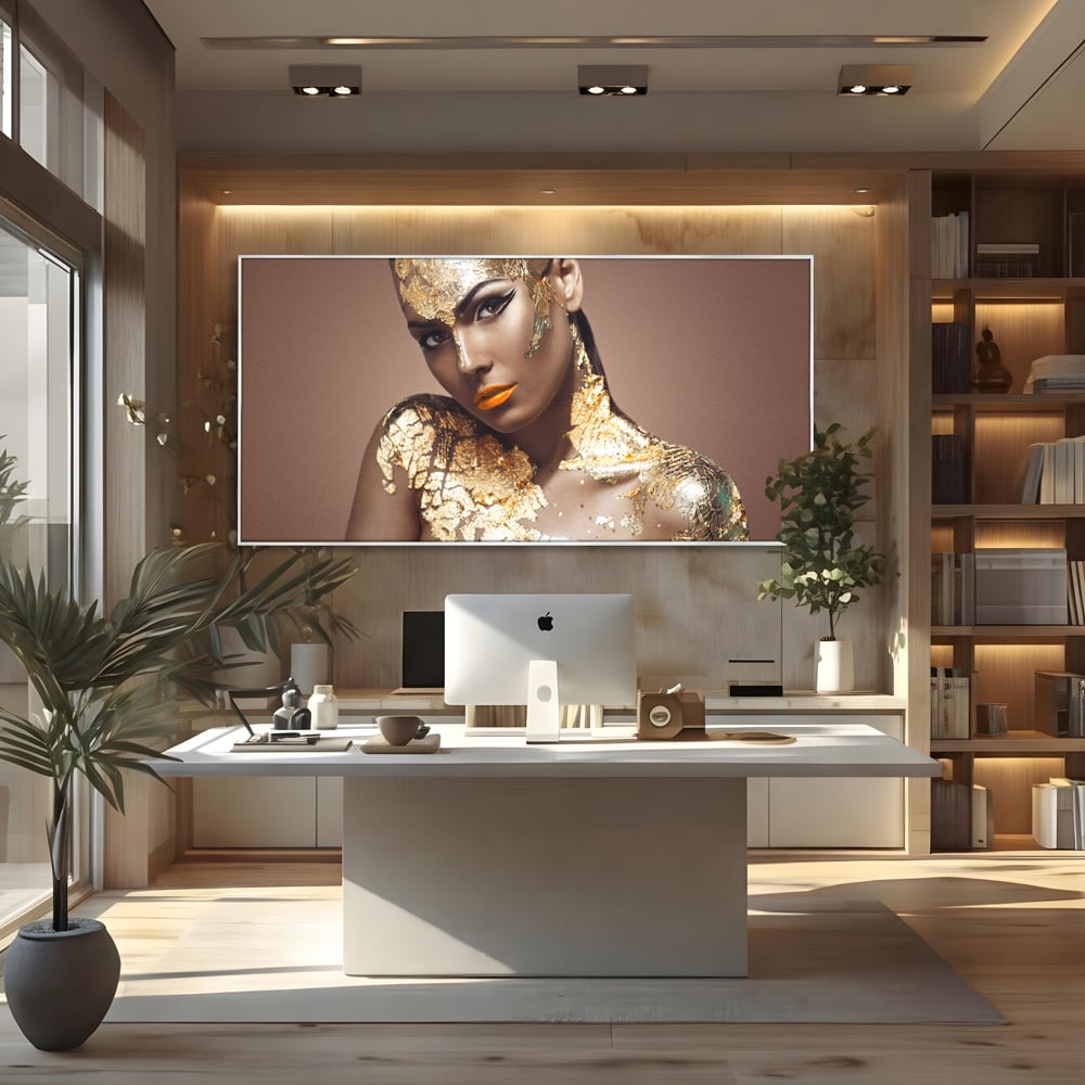 Tablou canvas cu tablou canvas cu femeie si foita de aur, in rama de aluminiu argintiu, pe perete intr-un birou